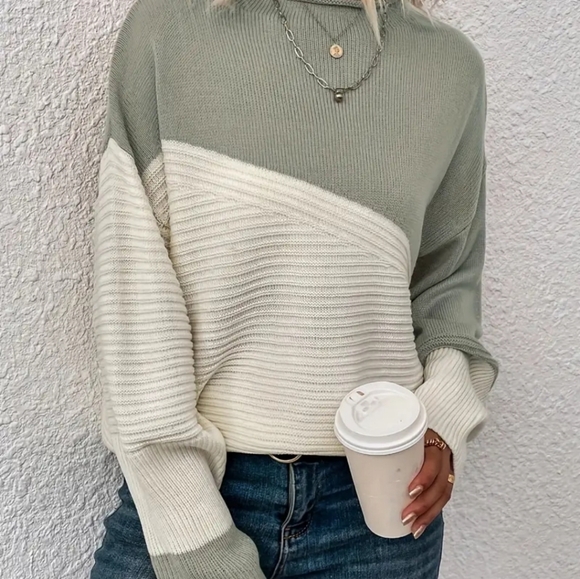 Sweater Color Block Crew Neck Sweater, Drop Shoulder Elegant Long Sleeve - Picture 1 of 6